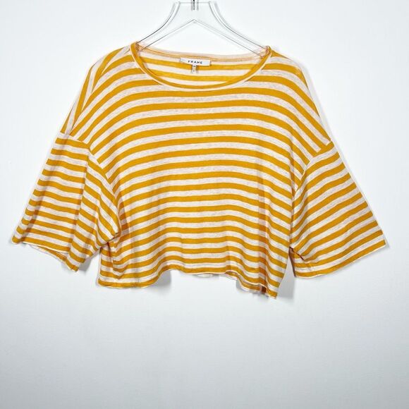 Frame Women Size Large Orange Off White Stripe Boxy Crop Organic Slub Linen Top - Picture 5 of 10